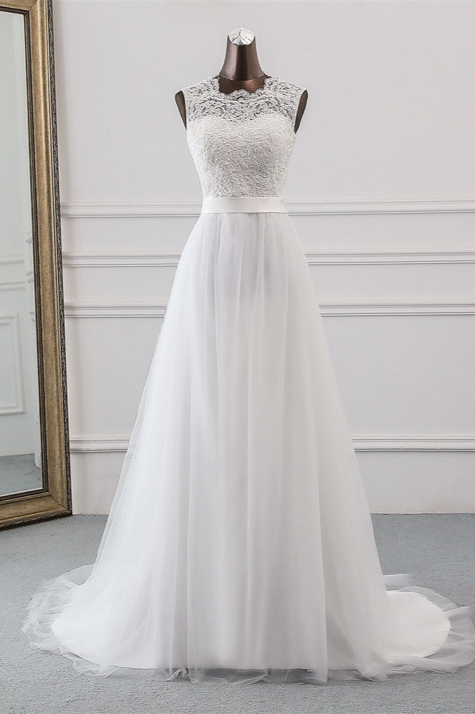 Elegant Long A-line Jewel Tulle Appliques Lace Wedding Dress