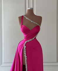 Elegant Long A-line One Shoulder Sweetheart Sleeveless Satin Prom Dress Outfits For Women With Slit
