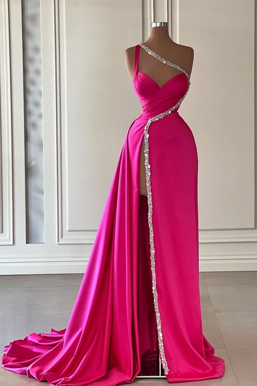 Elegant Long A-line One Shoulder Sweetheart Sleeveless Satin Prom Dress Outfits For Women With Slit