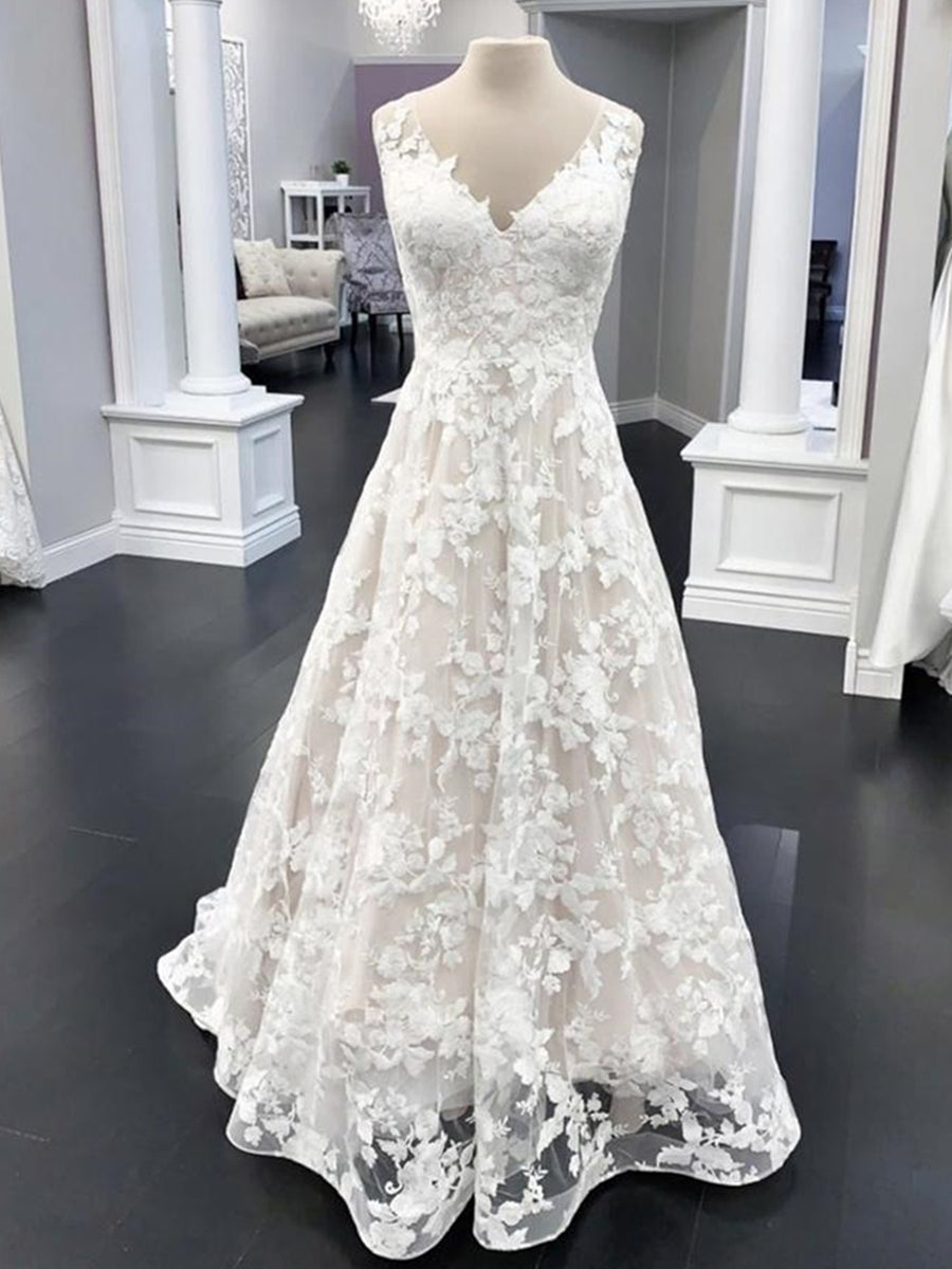 Elegant Long A Line V Neck Floral Lace Wedding Dresses