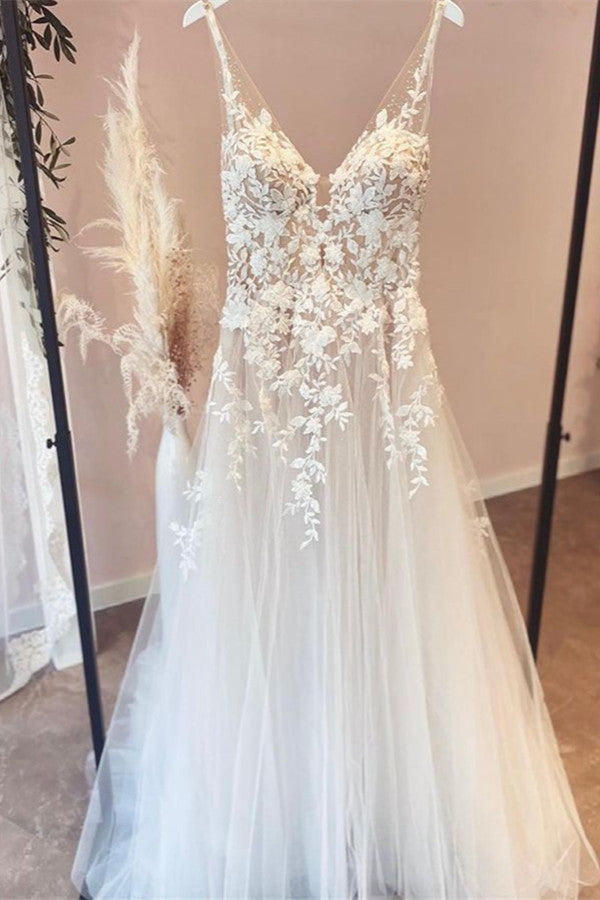 Elegant Long A-line V-neck Tulle Appliques Lace Open Back Wedding Dress
