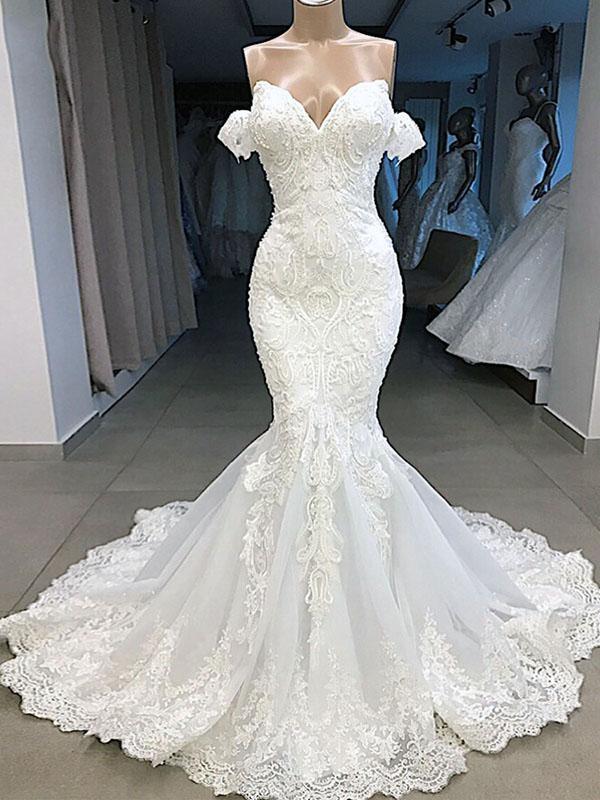 Elegant Long Mermaid Sweetheart Lace Wedding Dresses with Sleeves