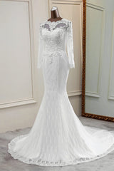 Elegant Long Mermaid Tulle Jewel Wedding Dress Outfits For Women with Sleeves