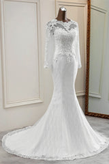 Elegant Long Mermaid Tulle Jewel Wedding Dress Outfits For Women with Sleeves