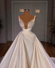 Elegant Long Mermaid V-neck Spaghetti Strap Satin Lace Wedding Dress