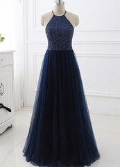 Elegant Navy Blue Halter Beaded Long Evening Dress Outfits For Girls, Prom Dress