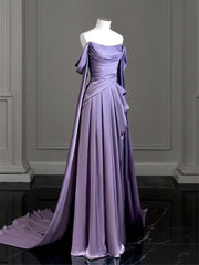 Elegant Purple Satin Prom Dress Outfits For Girls, Draped Bodice Formal Party Dress