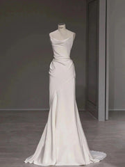 Elegant Spaghetti Straps Sheath Simple Silk Satin Wedding Dress Outfits For Women Floor Length