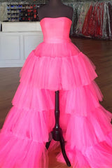 Elegant Strapless Layered Hot Pink Long Prom Dress Outfits For Women with Slit Formal Gown
