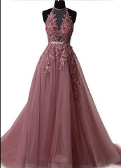 Elegant tulle lace long prom dress, lace evening dress