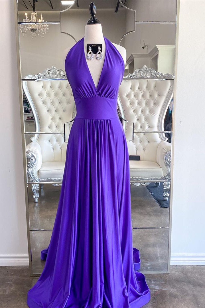 Elegant V Neck Purple Long Prom Dress Outfits For Girls,Formal Dinner Dresses