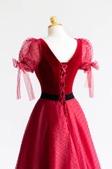 Elegant V-Neck Tulle and Velvet Long Prom Dress Outfits For Girls, Burgundy A-Line Evening Dress