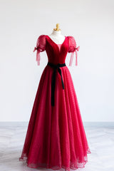 Elegant V-Neck Tulle and Velvet Long Prom Dress Outfits For Girls, Burgundy A-Line Evening Dress