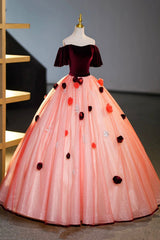 Elegant Velvet Tulle Long Formal Dress Outfits For Girls, Burgundy Off the Shoulder Sweet Flower Party Dress