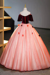 Elegant Velvet Tulle Long Formal Dress Outfits For Girls, Burgundy Off the Shoulder Sweet Flower Party Dress
