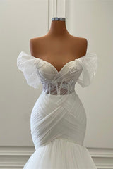 Elegant White Long Mermaid Off the Shoulder Tulle Lace Wedding Dresses