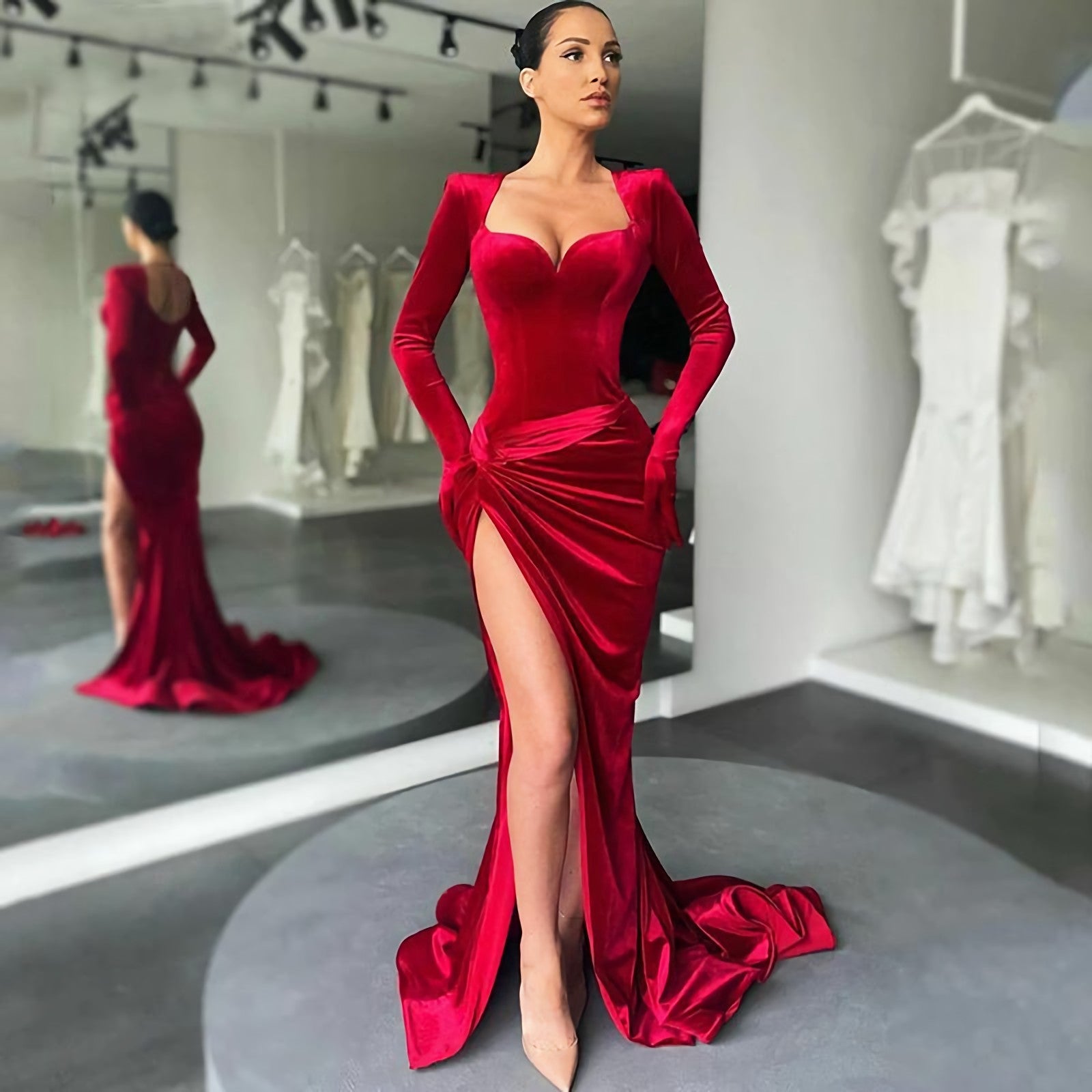 Elegant Burgundy Red Long Sleeves Sweetheart Mermaid Side Slit Long Prom Dress