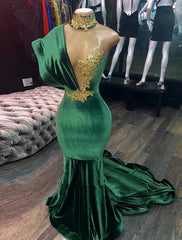 Emerald Green Evening Dresses For Black girls High Neck Appliques Gold Lace Mermaid Prom Dresses For Black girls Sexy Formal Velvet Party Gowns