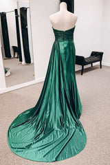 Emerald Green Satin Strapless Long Formal Dresses For Black girls with Train