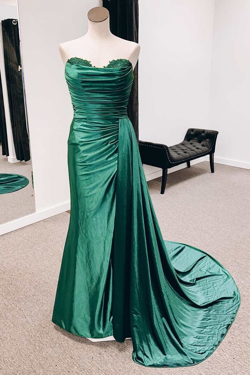 Emerald Green Satin Strapless Long Formal Dresses For Black girls with Train