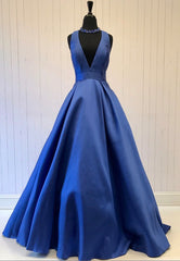 Blue V-Neck Saitn Long Prom Dresses, A-Line Evening Dresses