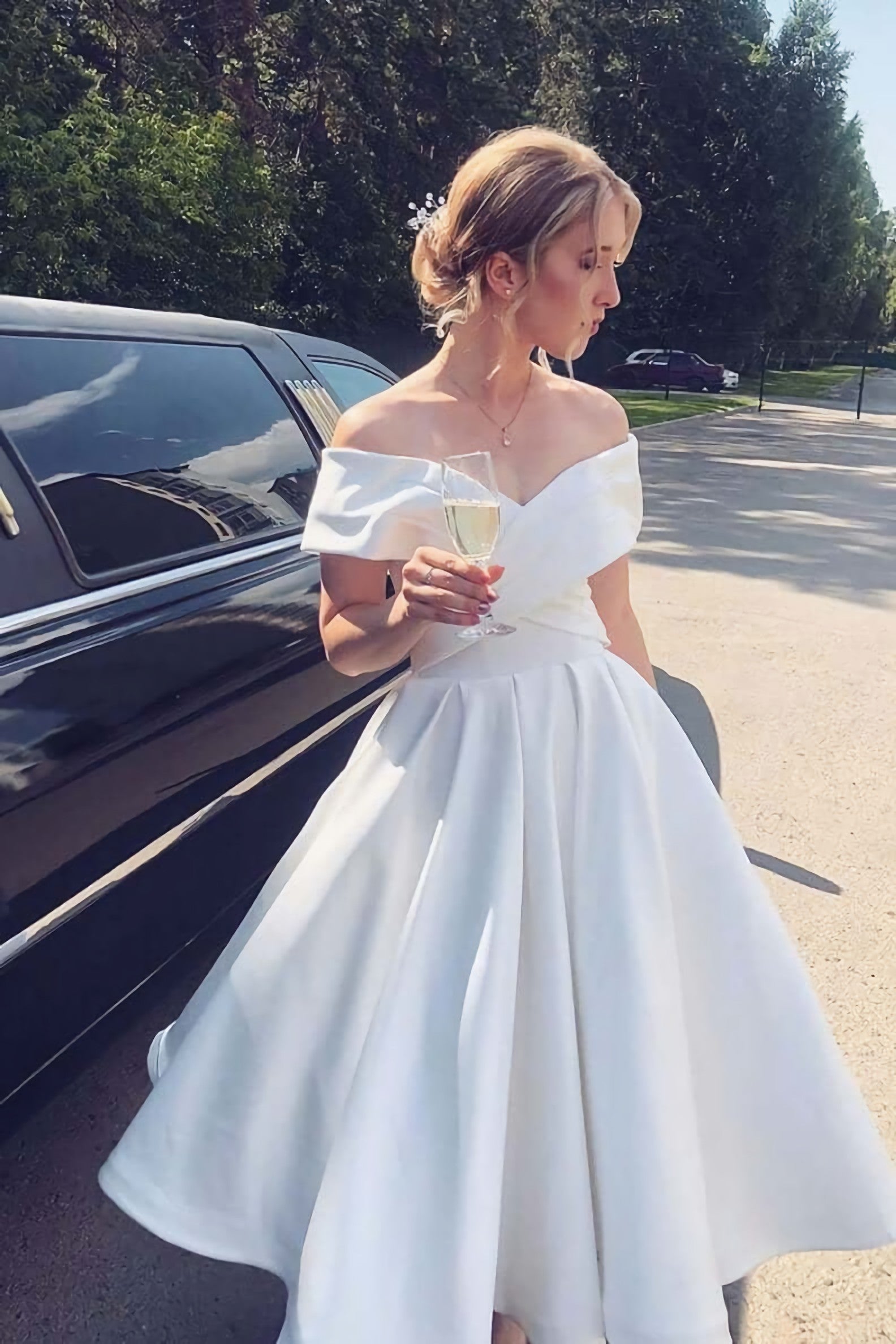 A Line Ankle Length Homecoming Dress Ivory Off Shoulder Satin Short Wedding Dresses