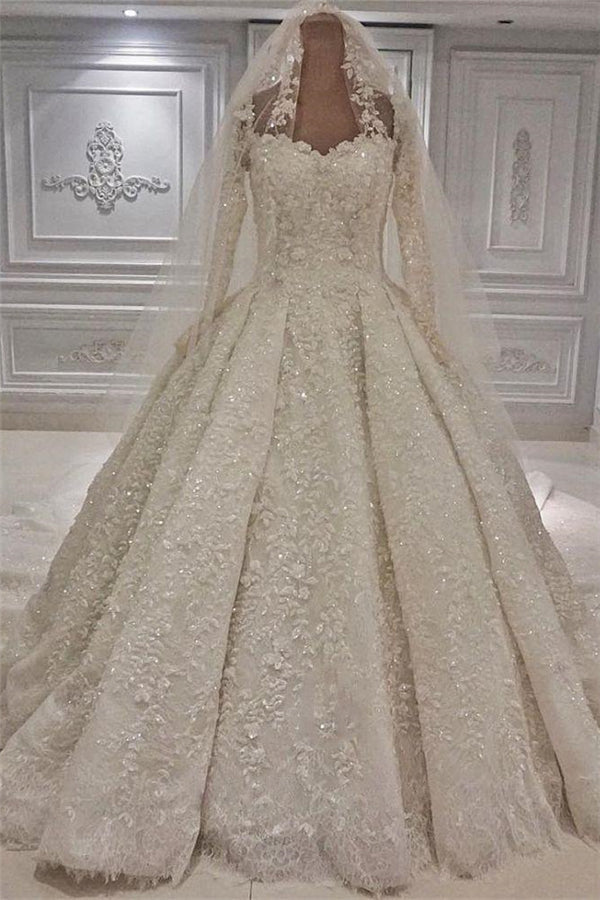 Expensive Lace Appliques Long Sleevess Ball Gown Wedding Dress