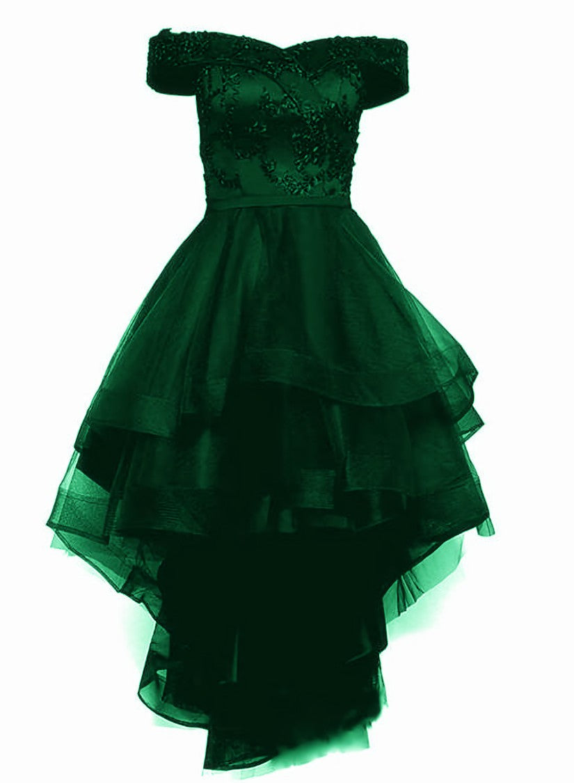 Fashionable Dark Green High Low Tulle with Lace Homecoming Dress Outfits For Girls, Green Party Dresses