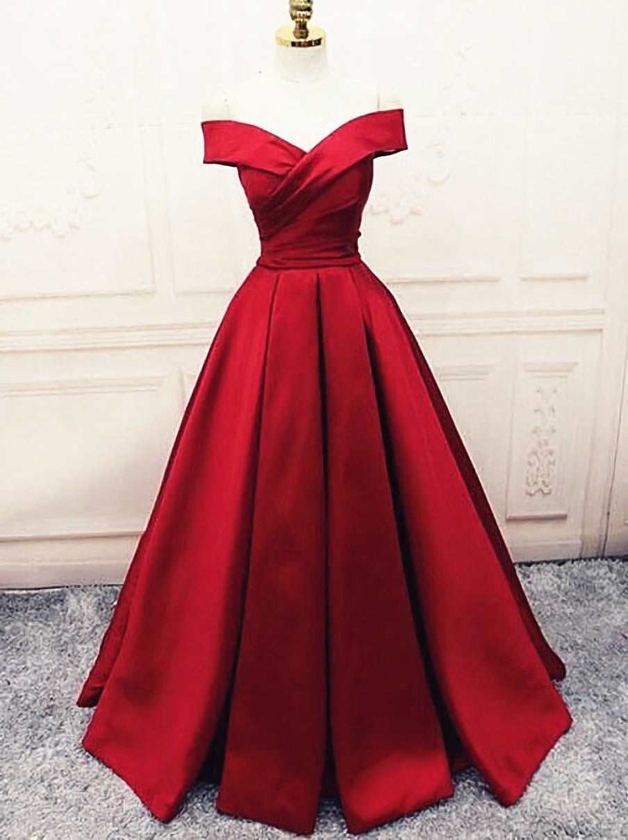 Fashionable Dark Red Satin Simple Off Shoulder Prom Dress Outfits For Girls, Red Party Dress Outfits For Women Evening Dress