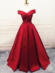 Fashionable Dark Red Satin Simple Off Shoulder Prom Dress Outfits For Girls, Red Party Dress Outfits For Women Evening Dress