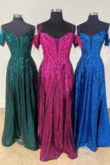 Feathered Cold Shoulder Sequin Long Prom Dress with Appliques