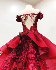 Ball Gown Off the Shoulder Prom Dress with Beading, Puffy Long Quinceanera Dress