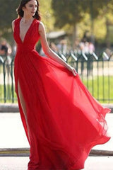 Split V Neck Red Evening Dress Sexy Party Dresses With V Back Sleeveless Chiffon Prom Dresses