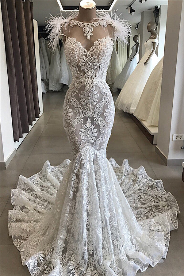 Fit and Flare Lace Crystals Necklace Wedding Dresses For Black girls Open Back Bridal Gowns with Feather