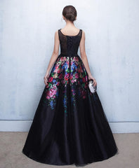 Black Floral Patterns Long Prom Dress, Black Evening Dress
