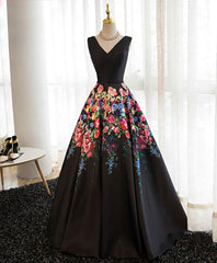 Black V Neck Floral Patterns Long Prom Dress, Black Evening Dress