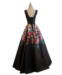 Black V Neck Floral Patterns Long Prom Dress, Black Evening Dress