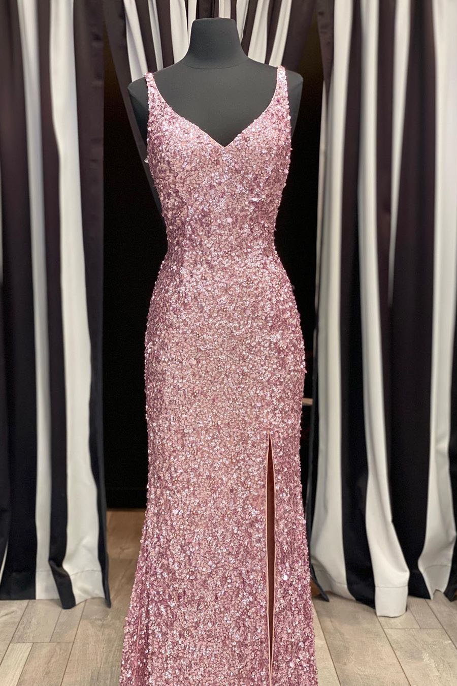 Gorgeous Mermaid V Neck Straps Pearl Pink Sequin Long Prom Dress, Prom Outfits With Slit