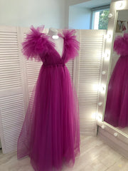 Fuchsia A-line V Neck Tulle Prom Dress