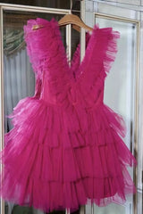 Fuchsia Ruffled Layers Plunging V Neck Homecoming Dress Outfits For Women Short Grad Dresses