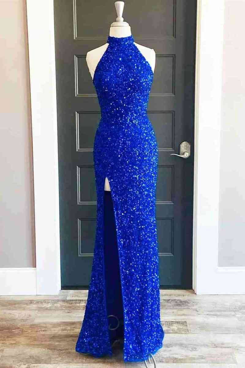 Sequins High Neck Royal Blue Long Party Dress with Slit