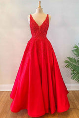 Princess Red Floral A-Line Satin Long Formal Dress