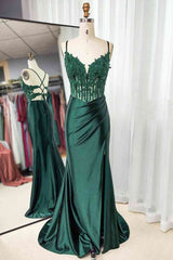 Mermaid Emerald Green Straps Ruched Prom Dress Outfits For Women with Slit