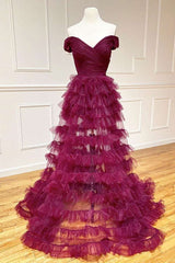 Off the Shoulder Burgundy Pleated Sheer Tiered Prom Dress
