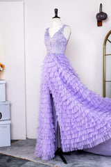 V-Neck Lavender Appliques Layered Prom Dress with Slit