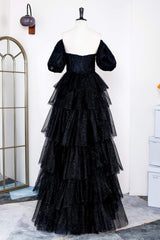 Glitter Off the Shoulder Black Beaded Puff Sleeves Layered Prom Dress