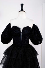 Glitter Off the Shoulder Black Beaded Puff Sleeves Layered Prom Dress