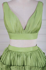 Two Piece V-Neck Green Taffeta Ruffle Ball Gown