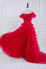 Off the Shoulder Fuchsia Ruffle Tiered Prom Dress with Sash