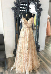 Champagne V-Neck Sequins Long Prom Dresses, A-Line Evening Dresses